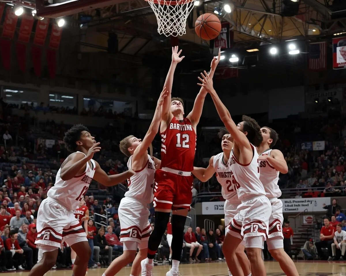 A high school basketball game with all men players